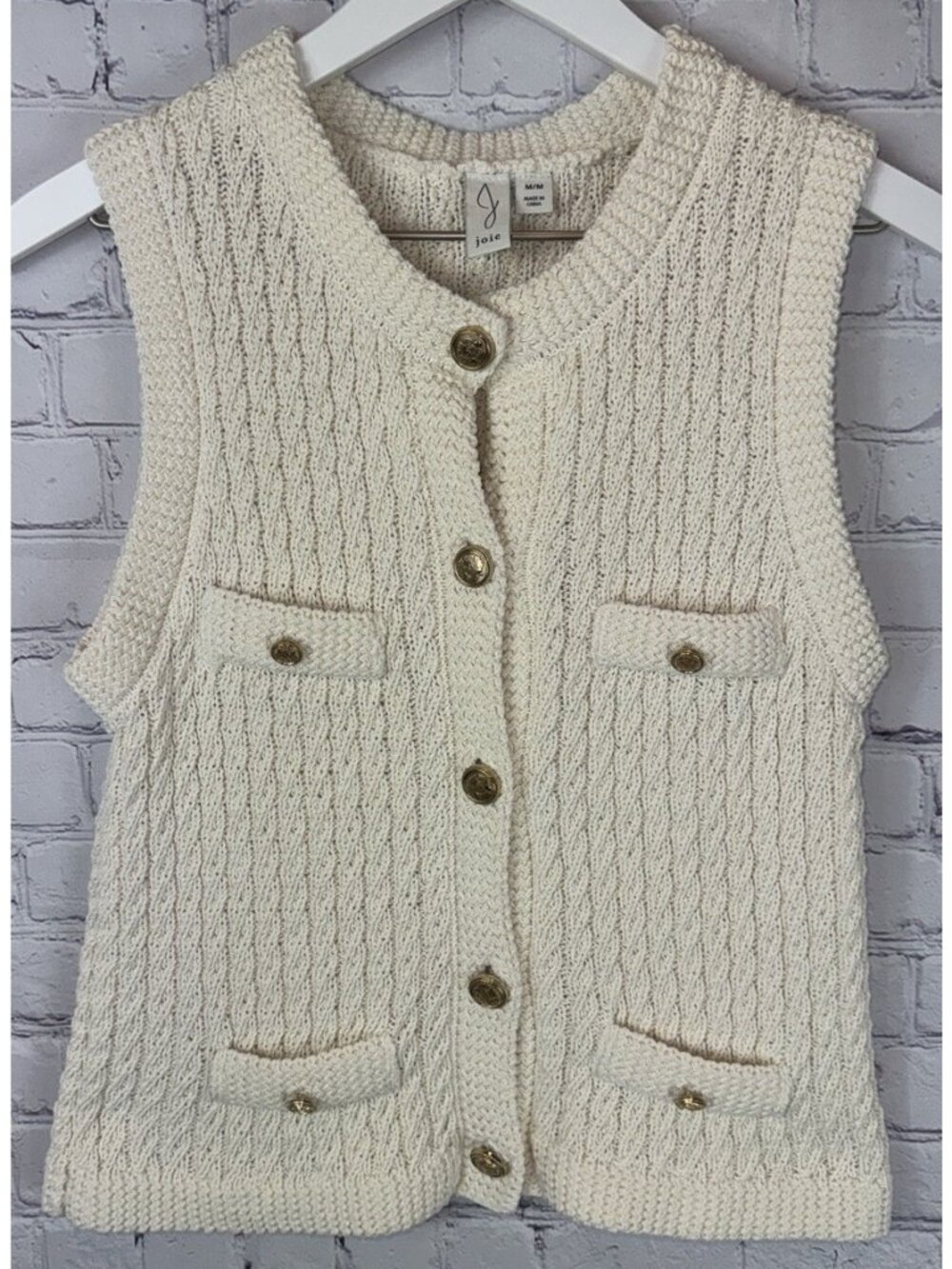 JOIE Textured Knit Button Front Vest Women’s Medium Cream Gold Crest Buttons